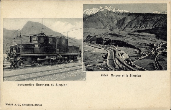 Postcard Brigue Brig Glis Canton of Valais, Locomotive electrique du Simplon, view of the town