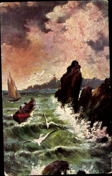Artist Postcard surf, sailboat, rowboat