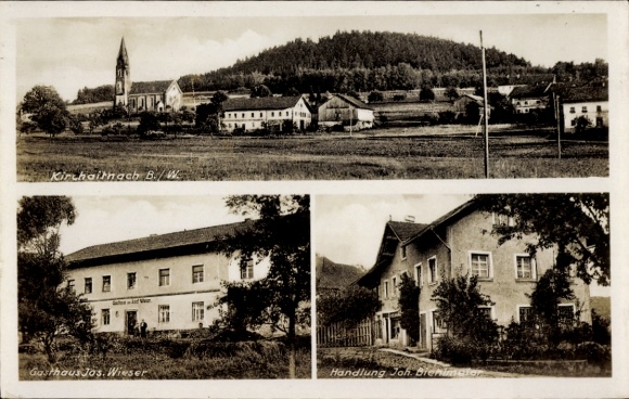 Ak Kirchaitnach Kollnburg in Neder-Beieren, totaal uitzicht, kerk, herberg, perceel Biehlmaier
