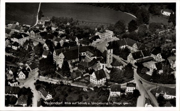 Postcard Aulendorf in Württemberg, aerial photograph, castle