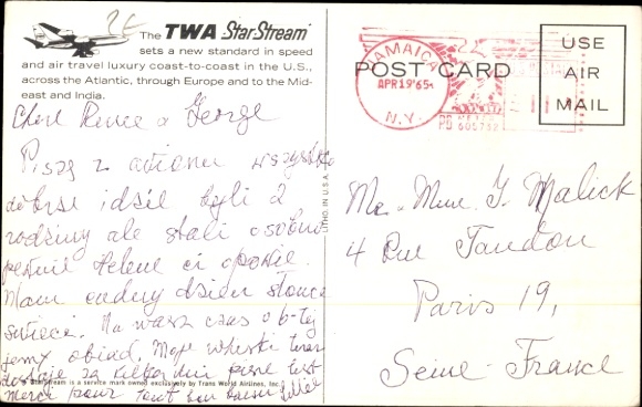 Postcard American passenger aircraft, Trans World Airlines, TWA Star Stream