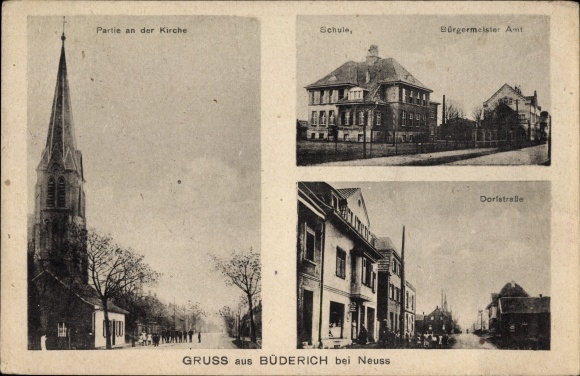Postcard Büderich Meerbusch on the Lower Rhine, church, mayor&#39;s office, school, village street