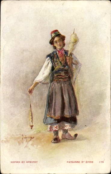 Artist PC Greece, Paysanne d'Épire, Greek woman in traditional costume, spindle