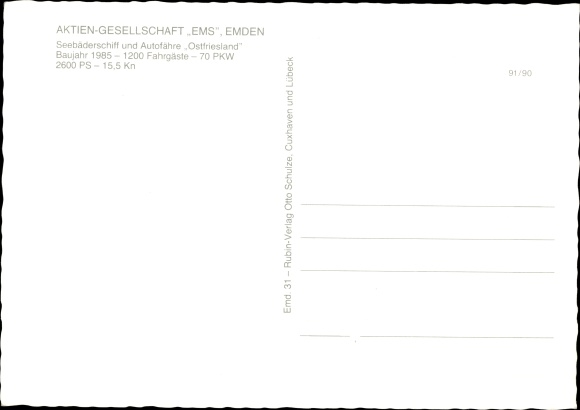 Postcard Seebadeschiff and car ferry Ostfriesland, ferry, public limited company EMS Emden