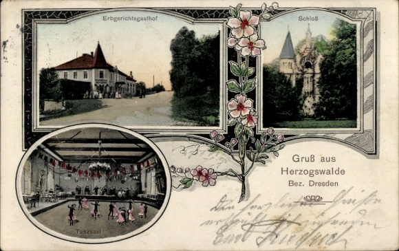 Postcard Herzogswalde Wilsdruff Saxony, Erbgerichtsgasthof, castle, dance hall