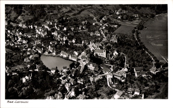 Postcard Bad Liebenzell in the Black Forest, aerial view of houses, nature, waters