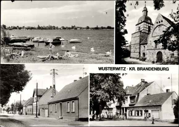Ak Wusterwitz, Kirche, Badestelle am Gr. Wusterwitzer See, Warschauer Straße, Hauptstraße