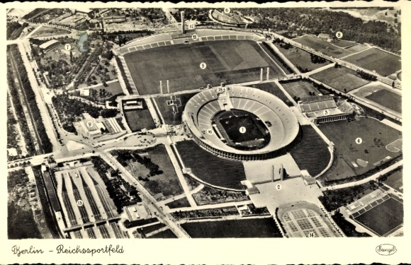 Postcard Berlin Charlottenburg Westend, Reichssportfeld, Olympic Stadium, aerial photograph, Stengel 77788