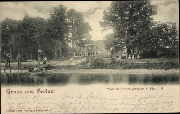 Postcard Seelust Plau am See Mecklenburg, forest air health resort, rowing boat, hotel