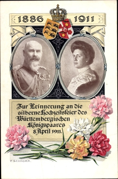 PC King Wilhelm II of Württemberg, Marie zu Waldeck and Pyrmont, silver wedding 1911, coat of arms