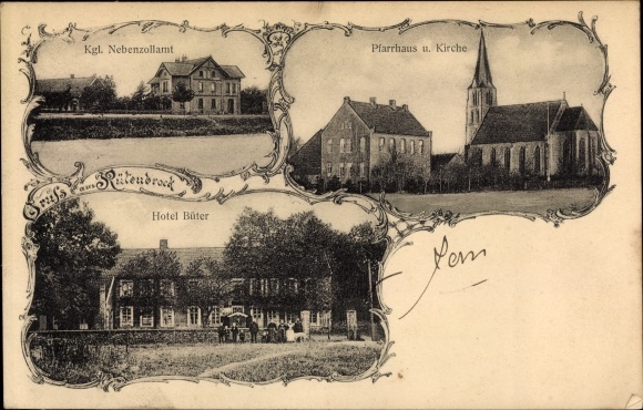 Postcard Rütenbrock Haren in Emsland, Kgl. Customs office, vicarage, church, Hotel Büter