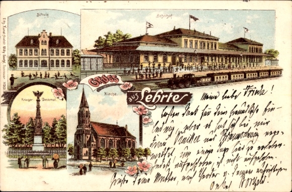 Chromo-Litho Lehrte in Lower Saxony, school, train station track side, church, war memorial