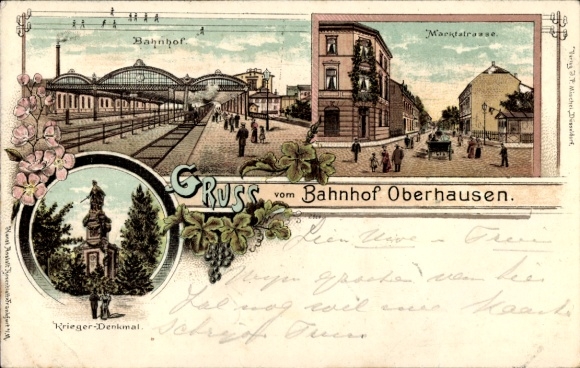 Litho Oberhausen im Ruhrgebiet, Bahnhof, Marktstraße, Kriegerdenkmal