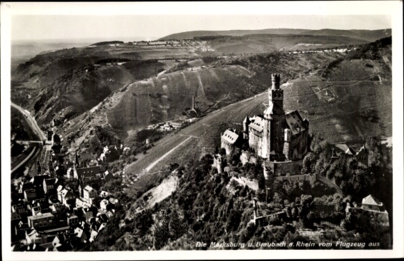 Postcard Braubach am Rhein, Marksburg, aerial photograph