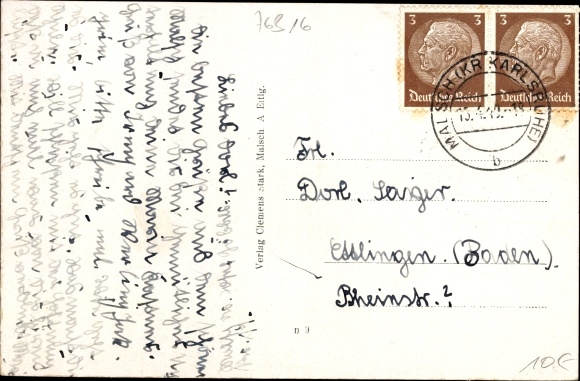 Postcard Malsch in Baden, view from the post office