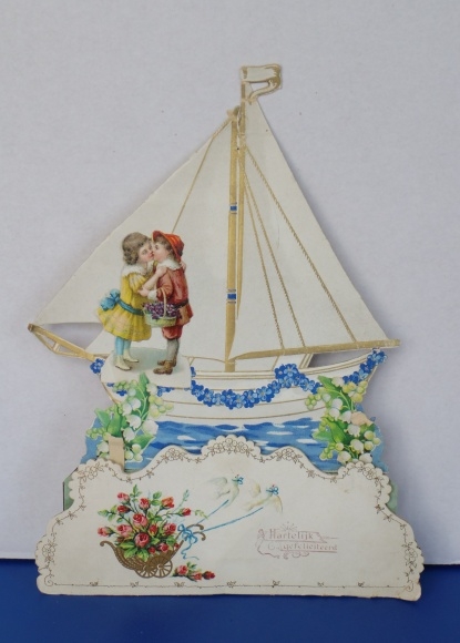 Backdrop card 3D wafer standee, congratulations, sailing boat, children, lilies of the valley, forget-me-nots