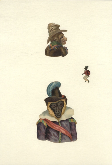 3 wafer monkeys in human clothing / uniform, approx. 11 x 7.5 cm to 3 x 1.5 cm