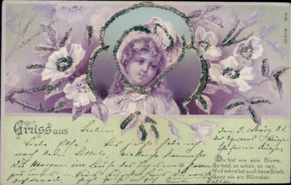 Glitter Chromo-Litho Girl Portrait, Flowers