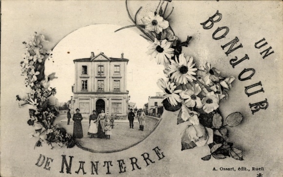 Ak Nanterre Hauts de Seine,  mit Blumenrand, Gebäude, Personen, Schriftzug 'Ein Gruß aus Nanterre