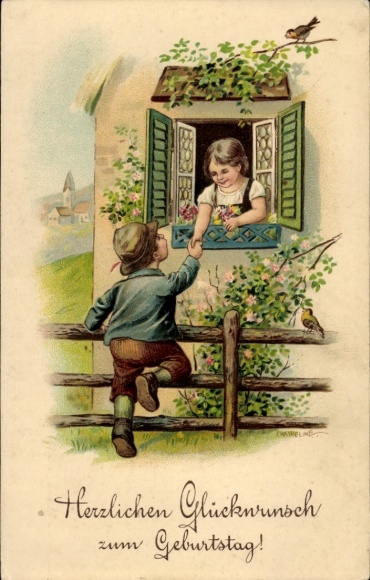 Postcard Happy Birthday, boy congratulates a girl
