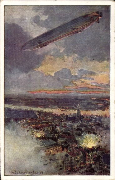 Kunstenaarskaart Eckenbrecher, T. v., Zeppelin boven Antwerpen, luchtaanval