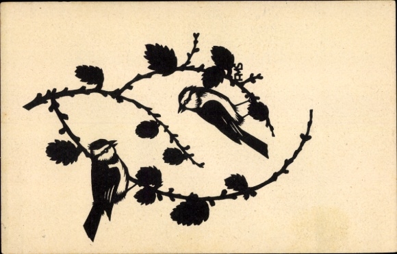 Paper cutting artist Postcard Schwindt, AM, birds, branch, buds