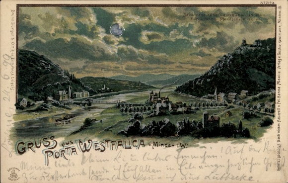 litho Porta Westfalica, algemeen uitzicht op de stad 's nachts