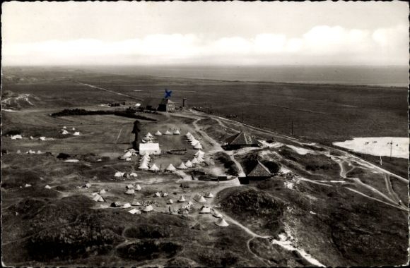 Postcard North Sea resort Langeoog East Frisia, youth hostel, campsite, aerial view