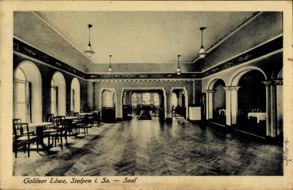 Postcard Stolpen in Saxony, Golden Lion, Hall