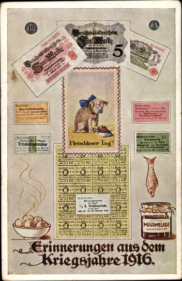 Postcard memories from the war year 1916, fish, jam, banknotes