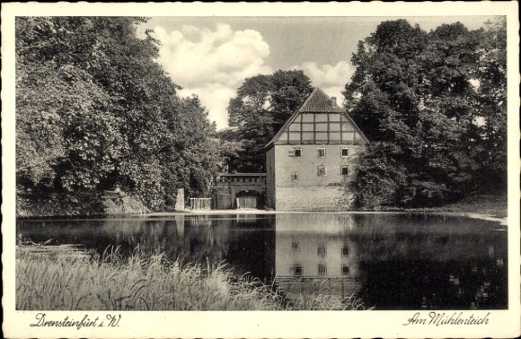 Ak Drensteinfurt in Westfalen, Historisches Gebäude, Mühlenteich, Spiegelung im Wasser