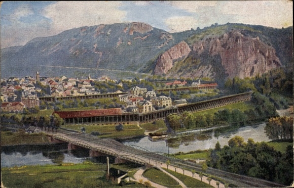 Artist Postcard Bad Münster am Stein, view from the Ebernburg