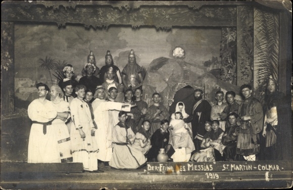 Photo Postcard Colmar Kolmar Elsass Haut Rhin, The Enemy of the Messiah, 1919, theater scene, costumed