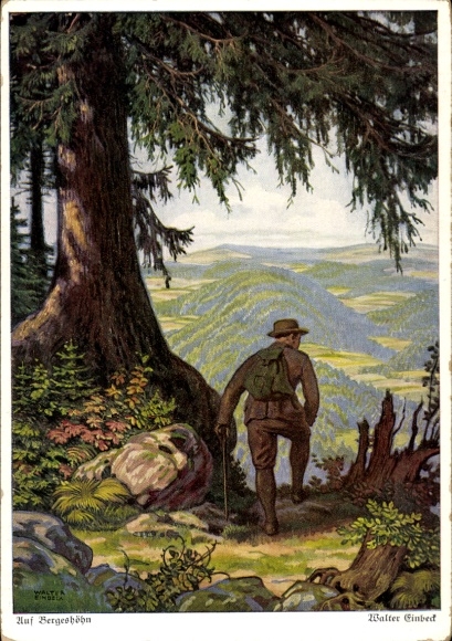 Künstler Ak Einbeck, Walter, Auf Bergeshöh, Wanderer
