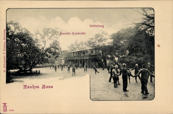 Postcard Hamburg Mitte Horn, Rauhes Haus, barracks, hospital, Schönburg, children playing