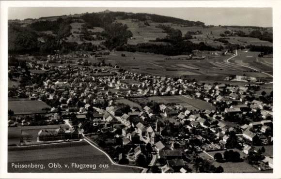 Postcard Peissenberg Peißenberg in Upper Bavaria, aerial view of blooming landscape, residential areas, k