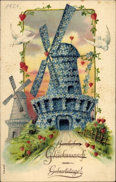 Embossed PC Happy Birthday, windmill from forget-me-not