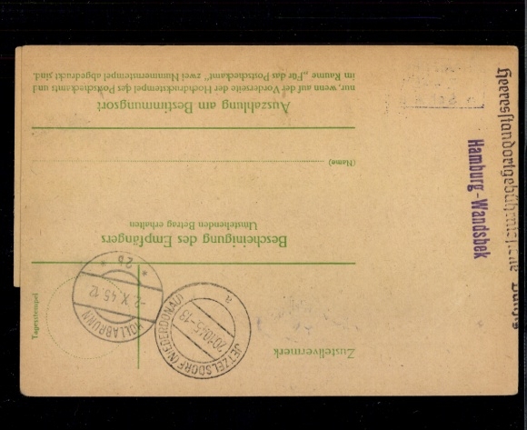 Money order, embossed stamp "7.4.45 Hamburg" with certificate of origin
