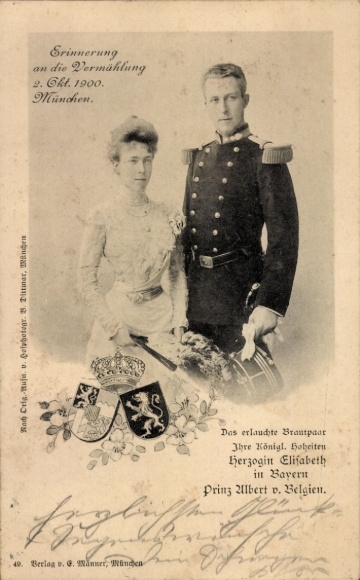 Coat of arms Postcard Duchess Elisabeth in Bavaria, Prince Albert of Belgium, marriage 2 October 1900