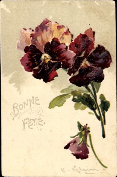 Artist embossed PC small, Catharina, congratulations, pansy, Bonne Fete