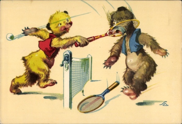 Artist Postcard Tennis Court, Humanized Bears, Tennis Racket