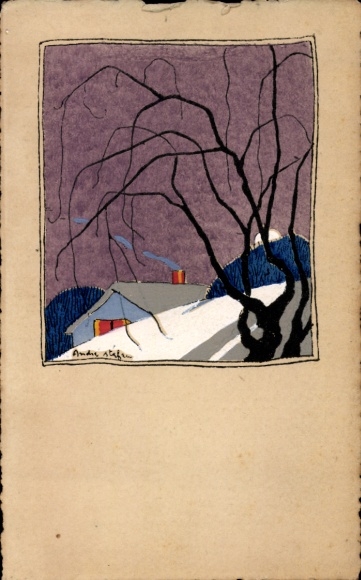 Künstler Ak Wohnhaus, Winter, Kahler Baum