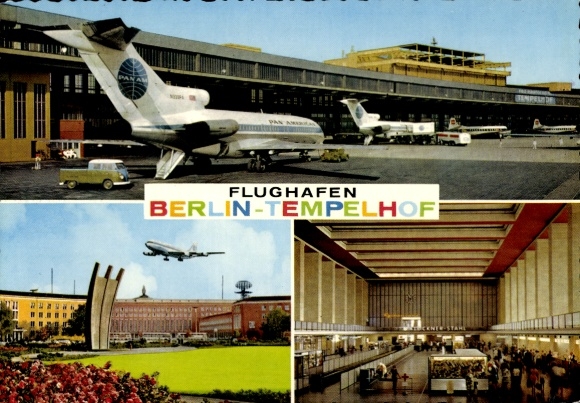 Postcard Berlin Tempelhof, airport, airlift square, hall, Pan American passenger plane