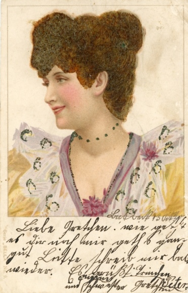 Material Glitter Postcard portrait of a young woman