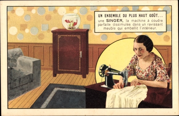 PC Montceau les Mines Saône et Loire, woman at Singer sewing machine, advertising, goldfish in the aquarium