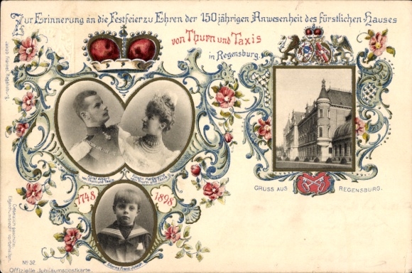 Passepartout Postcard Regensburg on the Danube Upper Palatinate, 150 years of Thurn and Taxis in Regensburg