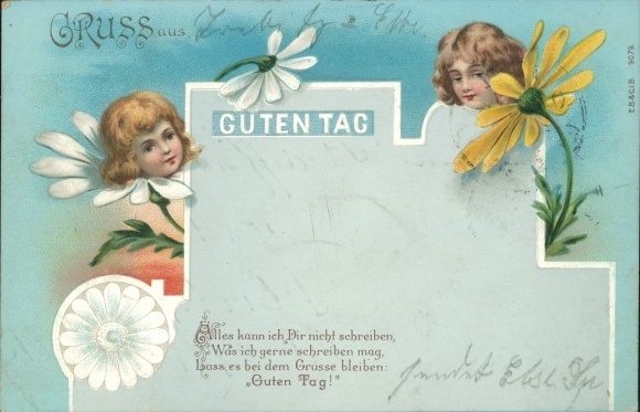 Chromo-Litho Hello, children, flowers