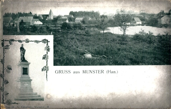 Ak Munster in der Nordheide, Teilansicht, Denkmal