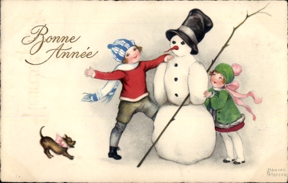 Künstler Ak Petersen, Hannes, Glückwunsch Neujahr, Kinder, Schneemann