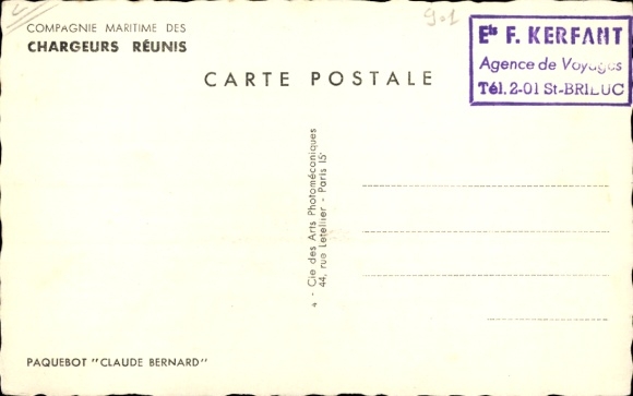 CPA Paquebot Claude Bernard, Compagnie des Chargeurs Réunis